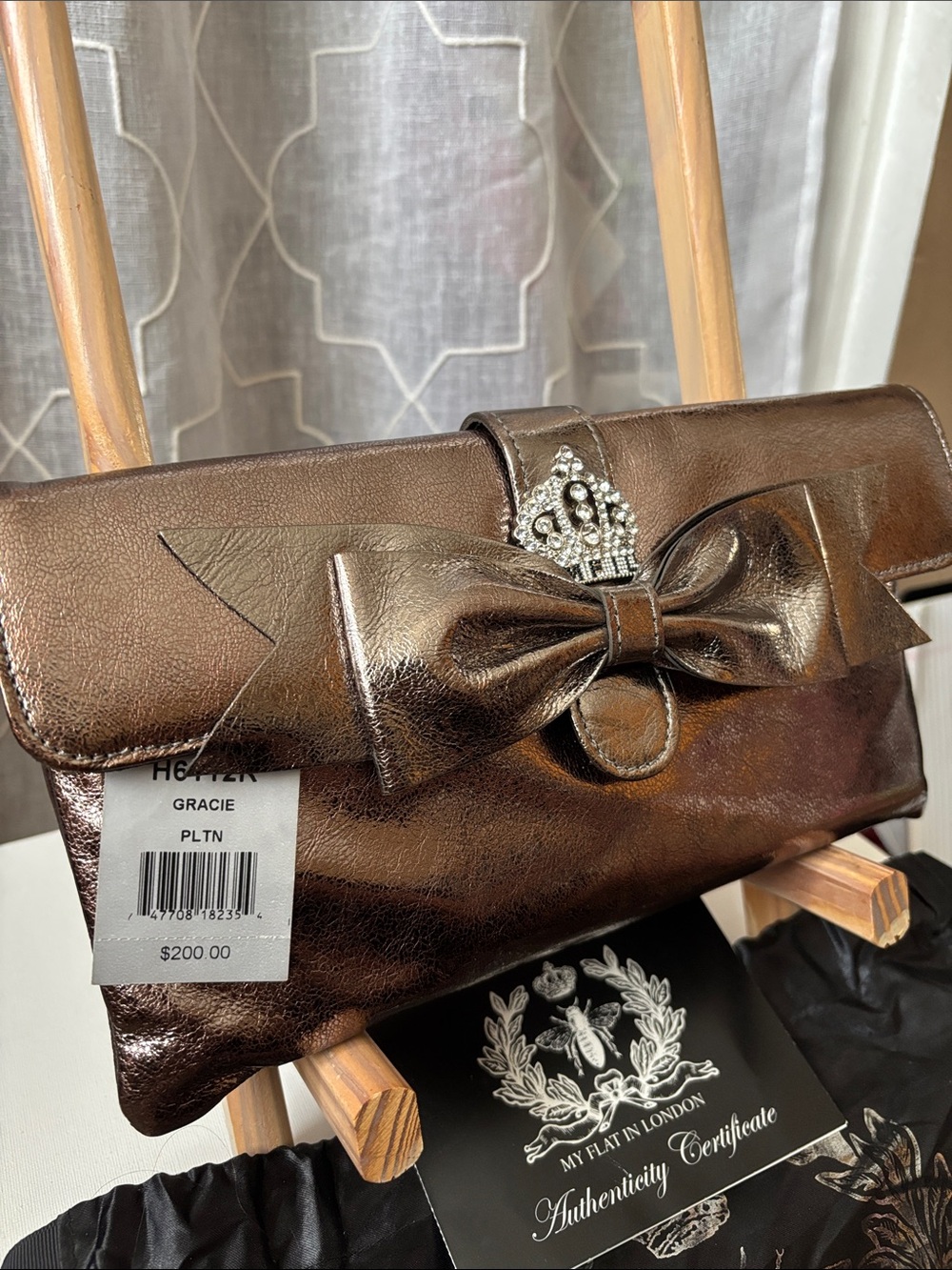 Retired My Flat in London Bronze Metallic Bow Evening Clutch—Style Gracie